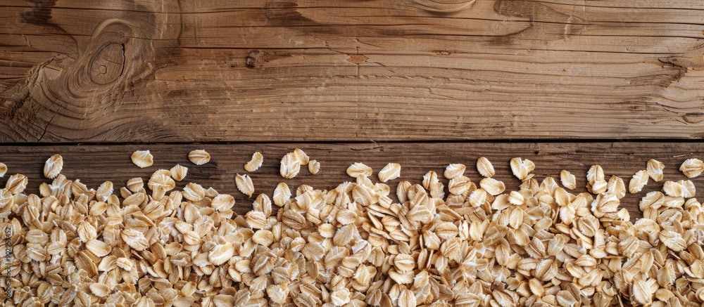Aufkleber Top down view of raw oat flakes arranged on a wooden surface with ample copy space image available