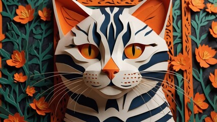 A close-up of the face of a striped cat with bright orange eyes.