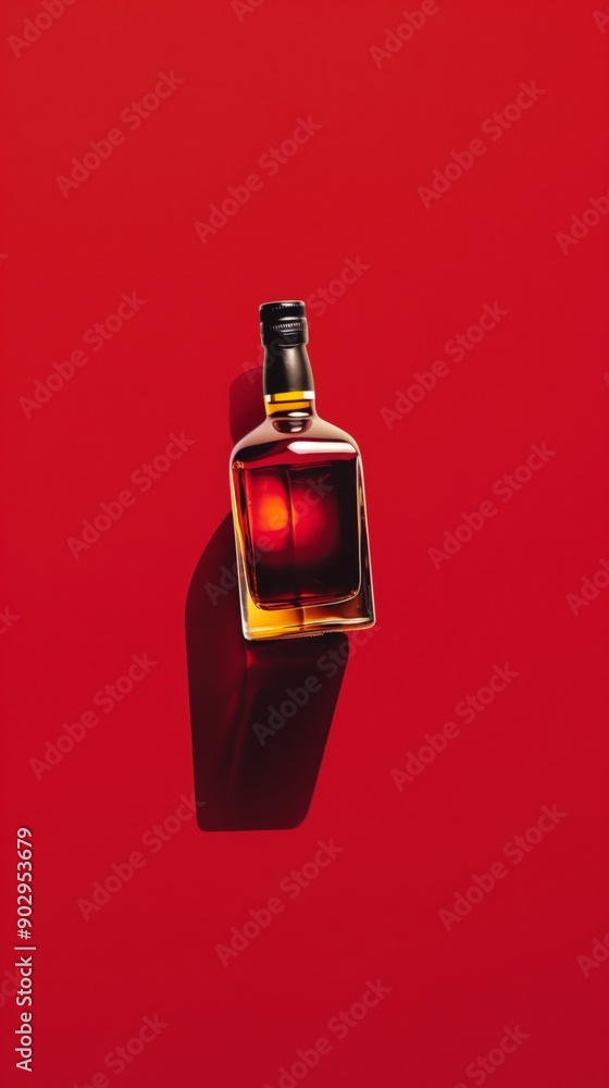 Poster a bottle of whiskey casting a shadow on a vibrant red background, creating a striking and bold visua