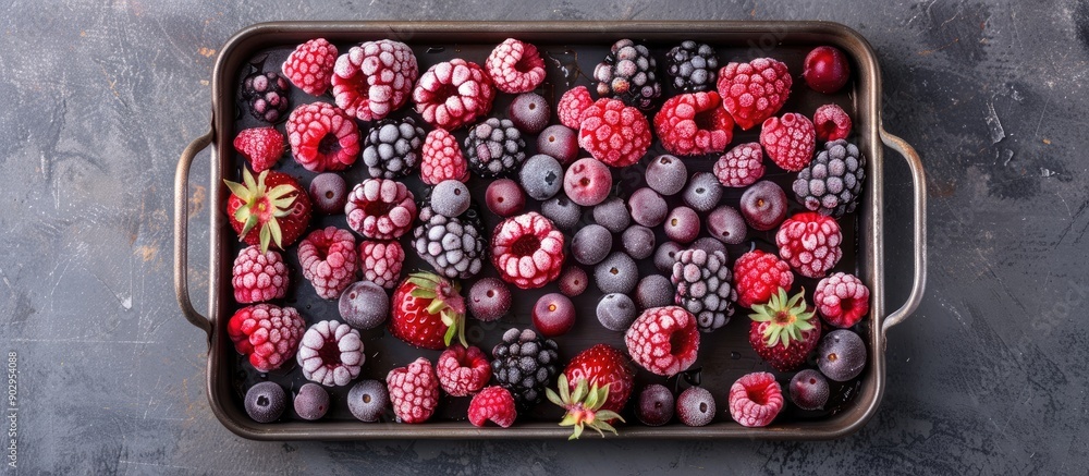 Poster Top down view of a vintage metal tray filled with a variety of frozen berries providing an area for additional content with a copy space image