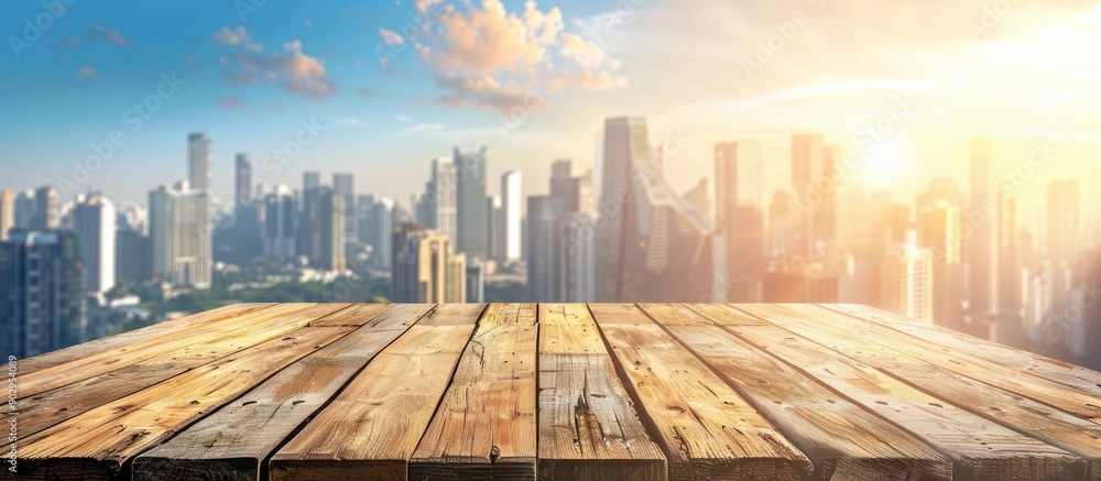 Fototapete Wooden table with cityscape view in the background offering space for displaying products or objects in an advertisement concept is a copy space image