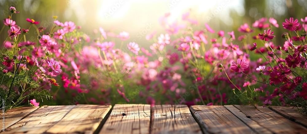 Poster a wooden table with a blurred background of a pink flower field or garden ideal for a valentine s da