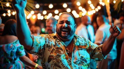 Obraz premium Fat man dancing joyfully at a party, full of energy and smiles