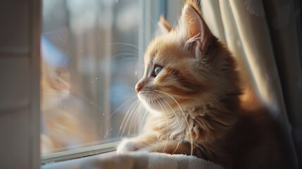 A fluffy kitten gazing out a window, illuminated by the morning sun