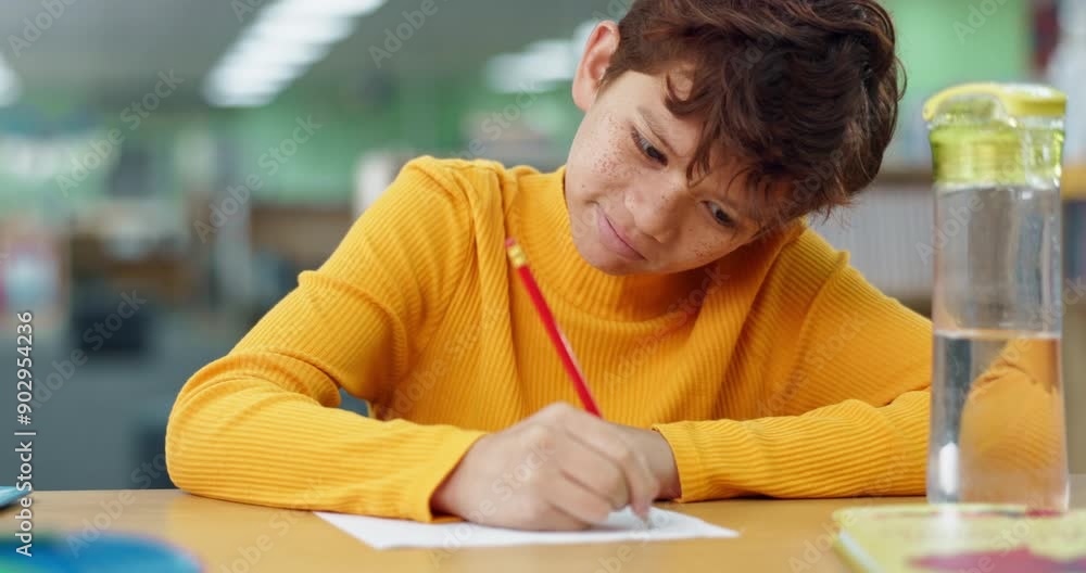 Aufkleber Boy, studying and happy in library at school with notebook for writing notes and exam preparation. Kid, education and smile with stationery for project for child growth and brain development