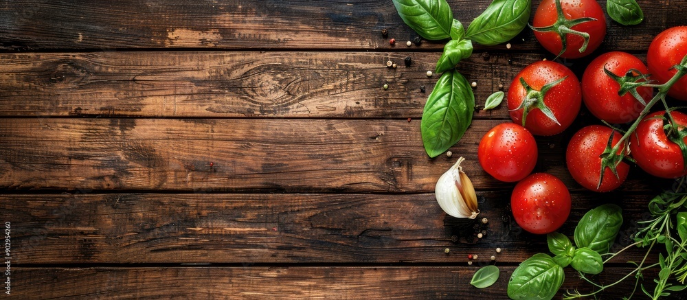 Poster italian cuisine ingredients like tomato basil and garlic on a dark wooden table top view with a spac