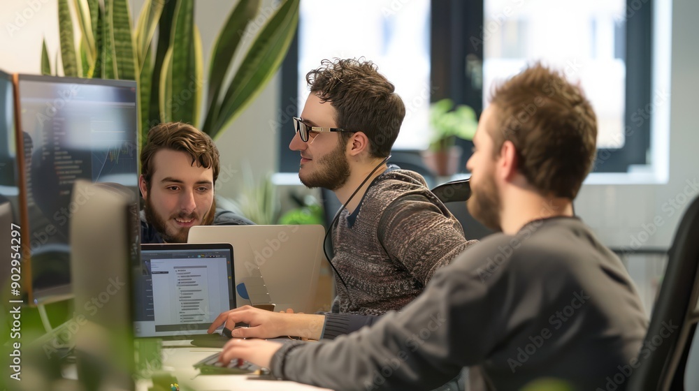 Poster a group of developers collaborating on a project in a tech startup office