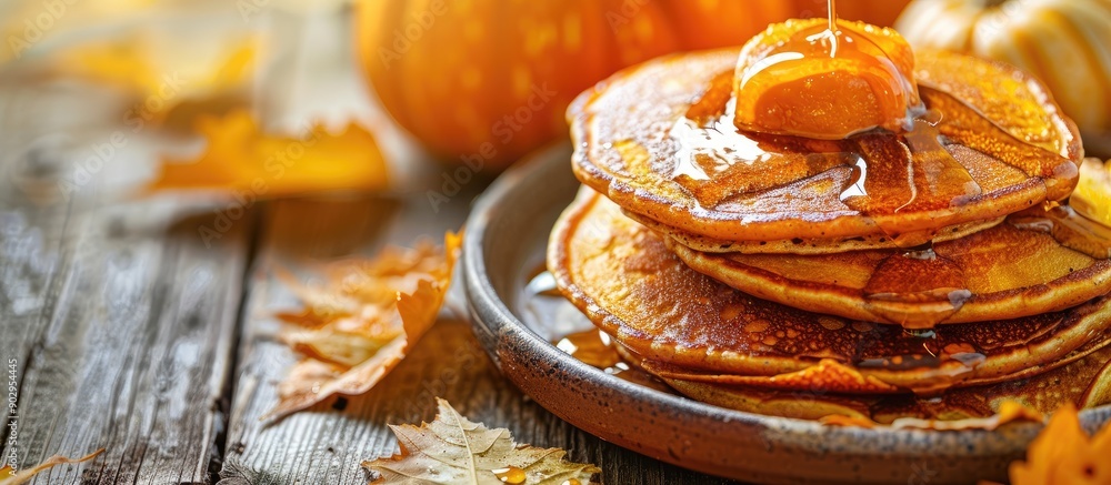 Poster Selective focus on pumpkin pancakes with syrup on a plate placed on a table with copy space image available