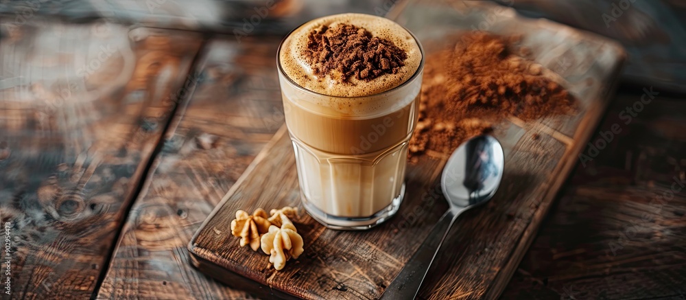 Aufkleber a latte glass with a spoon rests next to a wooden board displaying dalgona coffee ingredients like b