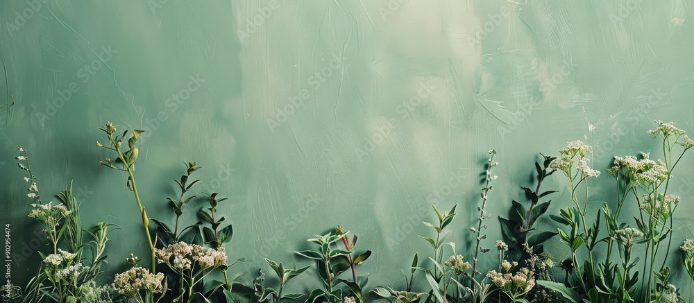Aufkleber wild plants against a backdrop of green paper with empty space for placement of images. creative ban