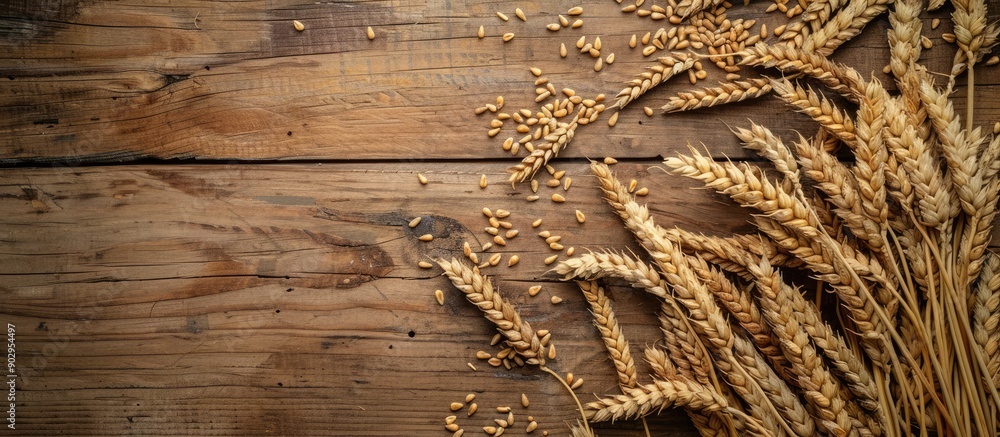Aufkleber Wheat spilled on wooden table creating a captivating copy space image
