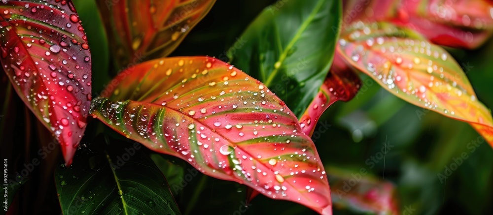 Poster in a lush forest setting there are tropical leaves in vibrant red and green hues capturing a serene 