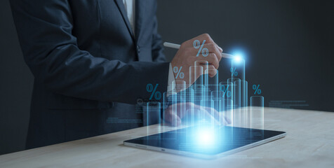 businessman trading in stock market exchange on virtual screen in office workplace signing investment documents and money management with trading chart financial planning for saving and passive income