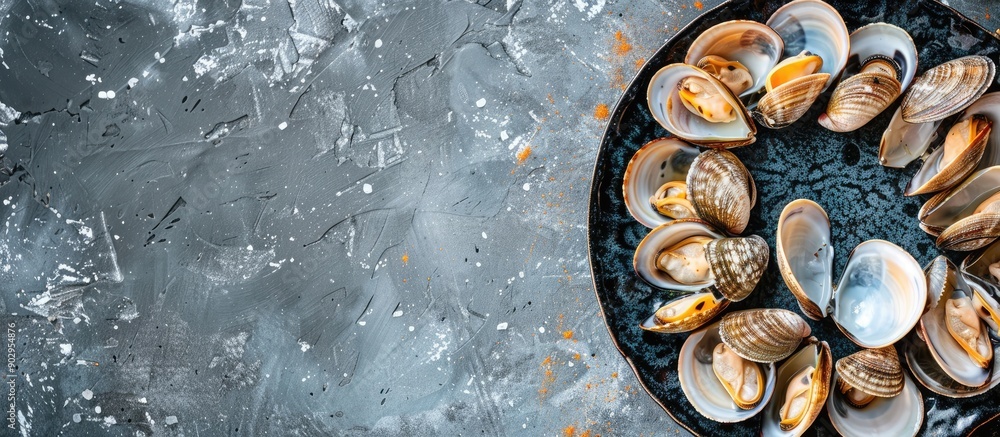 Aufkleber Image of raw mussels and clams on a plate captured from a top view with a flat lay perspective showing copy space and a horizontal orientation with no people in the shot