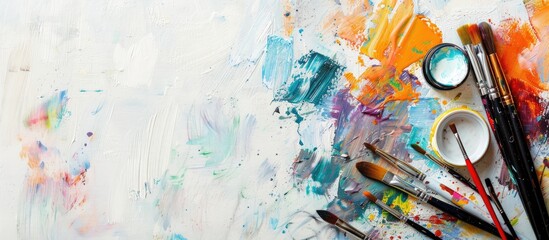 Obraz premium A variety of vibrant artistic tools like paints crayons and brushes arranged next to an empty album creating a versatile setup for a copy space image