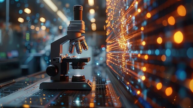 A traditional microscope sits on a dark surface next to a large digital screen displaying a vibrant, abstract pattern of orange and blue light.