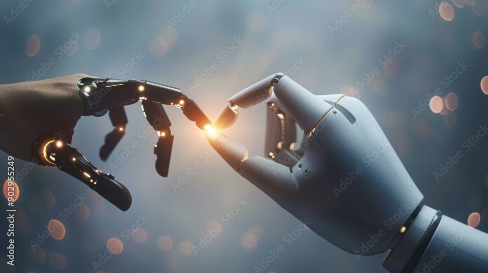 Poster two robotic hands touching fingertips with light between them.