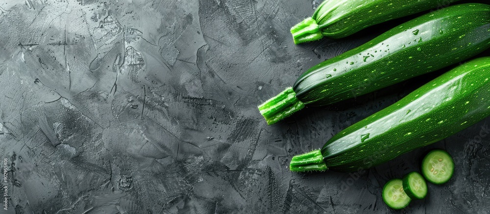 Aufkleber Vibrant green zucchinis on a stone background with space for text or images. Creative banner. Copyspace image