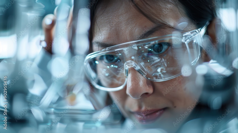 Poster lab equipment and utensils create a blurry reflection in a light-filled modern laboratory, highlight