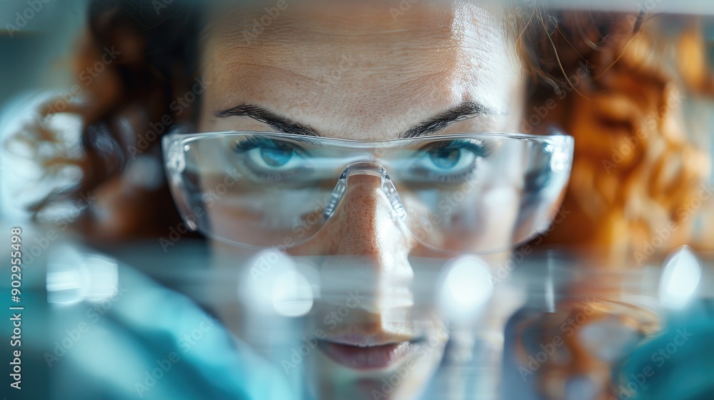 Poster a detailed view of a modern lab setup, showcasing various laboratory equipment and curly-haired scie