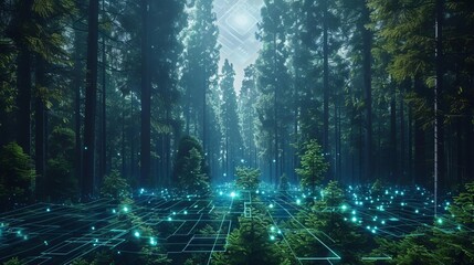 Obraz premium Smart forestry analytics, holographic data overlay, futuristic forest management, digital sensors