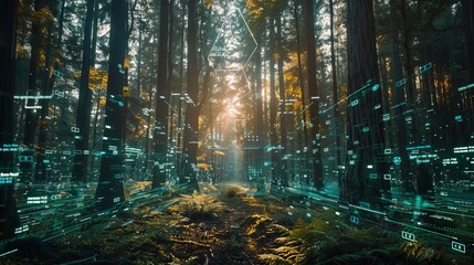 Smart forestry analytics, holographic data overlay, futuristic forest management, digital sensors