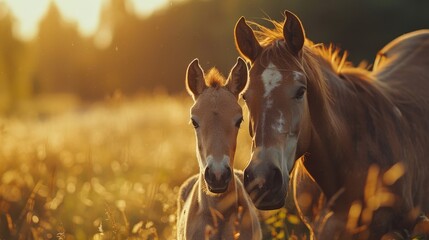 A foal standing close to its mother in a sunny pasture, morning rays