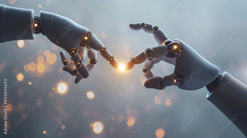 Poster two robotic hands touching fingertips with light between them.