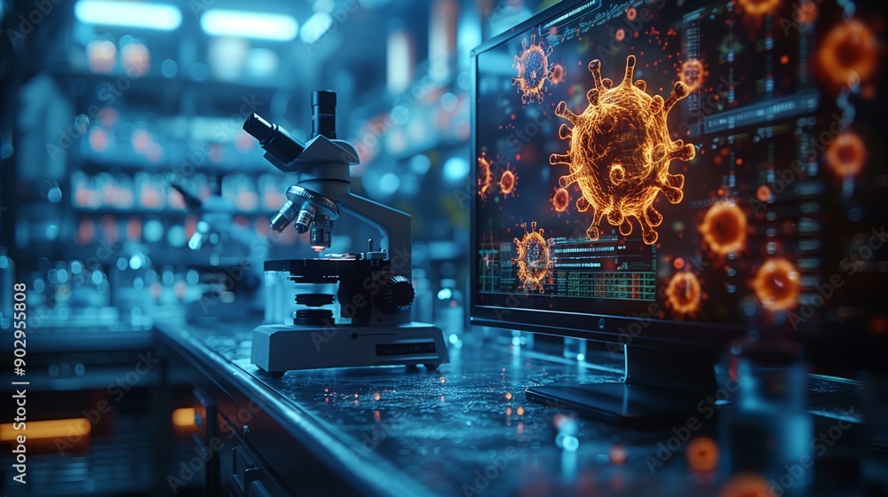 Poster a laboratory setting with a microscope and computer monitor displaying images of coronavirus.