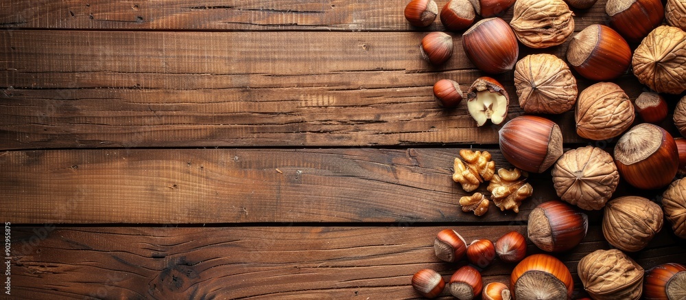 Poster healthy concept with hazelnuts and nuts arranged beautifully on a wooden table perfect for a copy sp