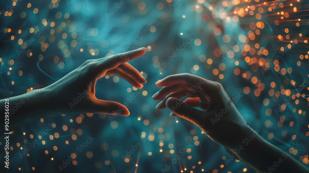Poster two robotic hands touching fingertips with light between them.