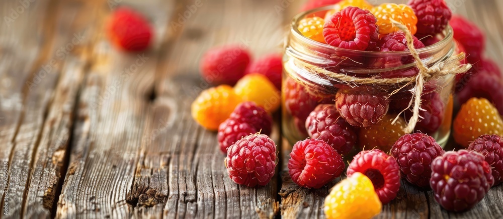 Leinwandbilder red and yellow raspberries in a glass jar on a rustic wooden surface with ample copy space image