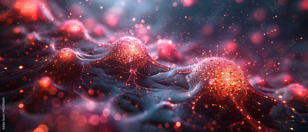 Poster abstract red cell structure with glowing particles