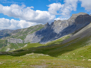 Fototapeta premium Alpine green pasture with panoramic view of mountains and hills in valley Valle Stura in Colle Del Puriac, Piemonte, Italy, Europe. Hiking tour in Italian Alps in summer. Peaceful serene atmosphere