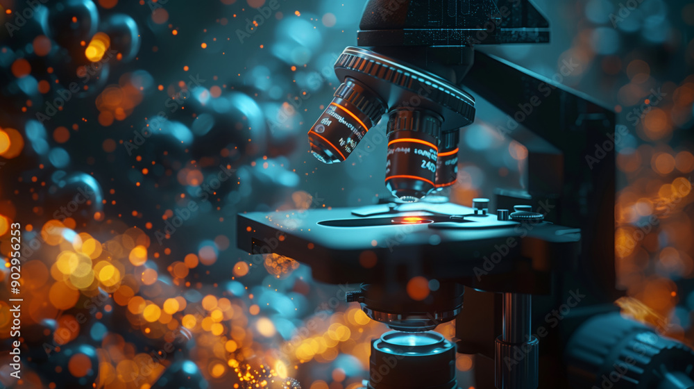Aufkleber a microscope with two lenses is focused on a strand of glowing particles. the background is a blur o