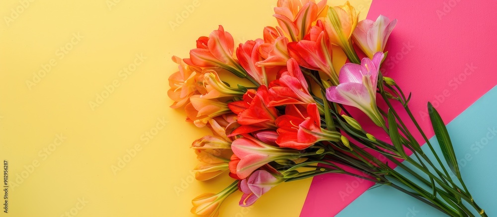 Poster top view of fragrant freesia flowers on a colorful background with ample copy space image