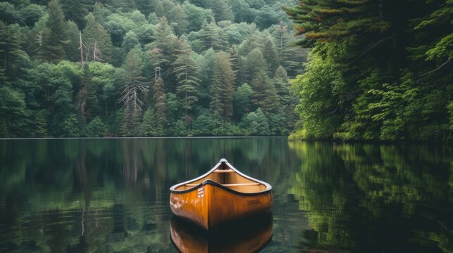 An empty canoe floating peacefully on a calm lake - Powered by Adobe