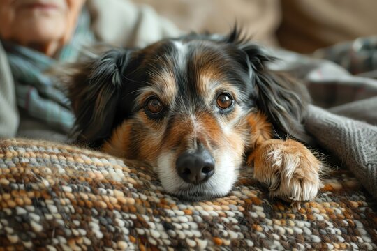 A relaxed dog resting comfortably on a cozy blanket, exuding warmth and companionship in a serene home environment.