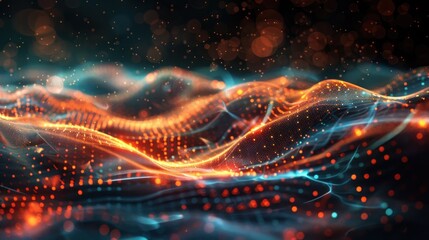 Digital backdrop with connected nodes and circuit patterns for data transmission and security.