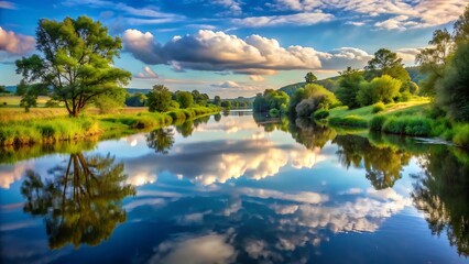 Obraz premium Find a calm section of a river where the surrounding landscape is reflected in the water