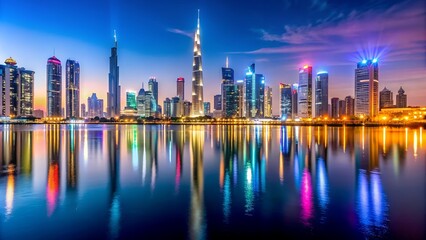 Fototapeta premium Dubai Skyline Bathed in Neon AI Generated