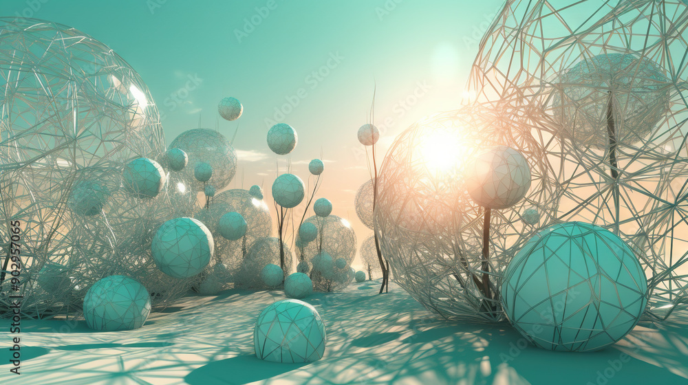 Poster Abstract scfi-fi landscape with connected 3D balls and molecular grid structure. Futuristic surreal abstraction.