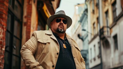 Obraz premium Fat man in a stylish outfit, posing confidently in an urban setting