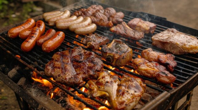 A barbecue grill loaded with an assortment of meats