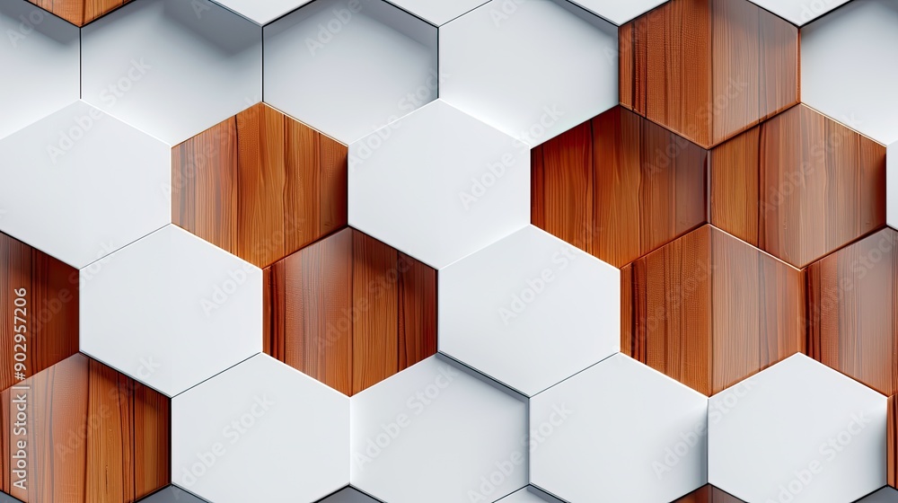 Poster various hexagonal wood pieces create an intricate pattern, showcasing the natural textures and color