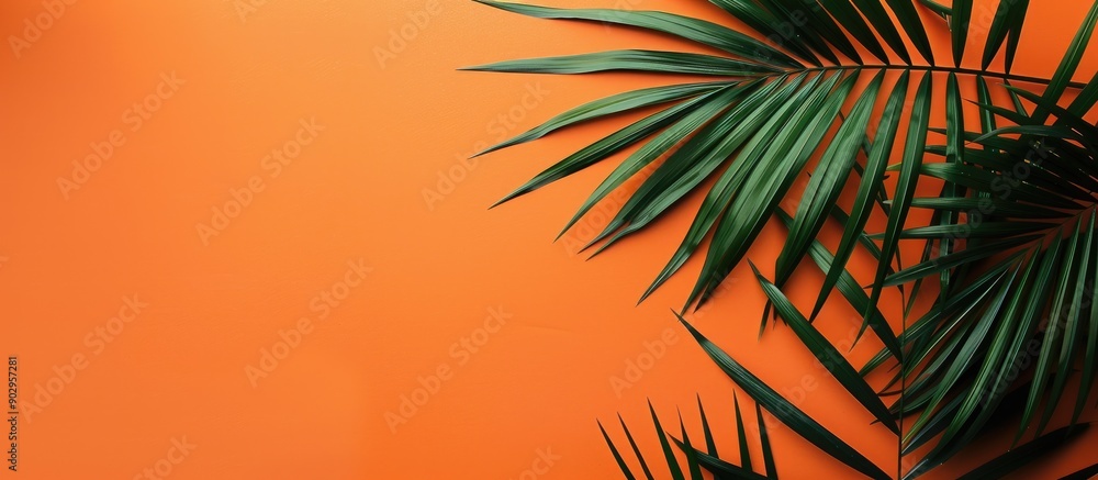 Poster a tropical palm leaf on an orange summer backdrop with ample copy space image available