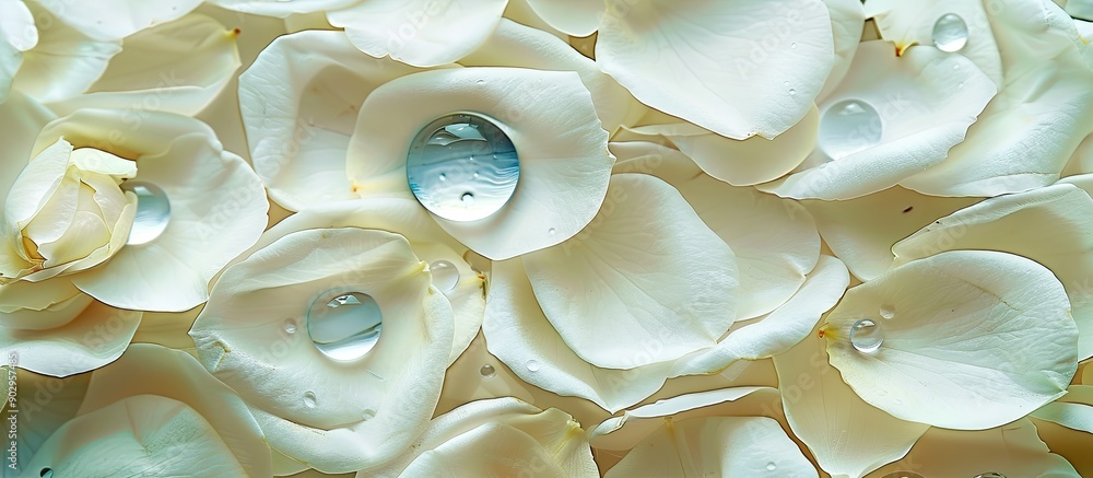 Poster macro shot of floating jasmine petals with a water drop perfect for backgrounds top view flat lay im