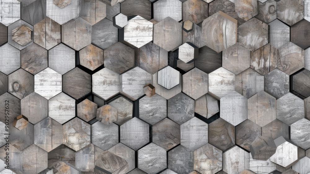Poster various hexagonal wood pieces create an intricate pattern, showcasing the natural textures and color