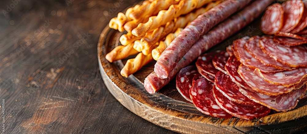 Poster wooden table setting with a variety of sausages like salami bresaola and prosciutto on a charcuterie