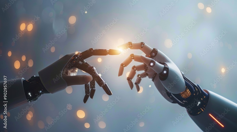 Poster two robotic hands touching fingertips with light between them.